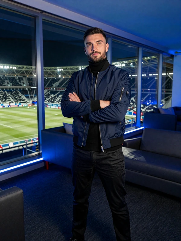 Selbstbewusstes Model in dunkler Premium-Jacke im modernen Stadion-VIP-Bereich mit blauer Beleuchtung bei Casea Sportwetten