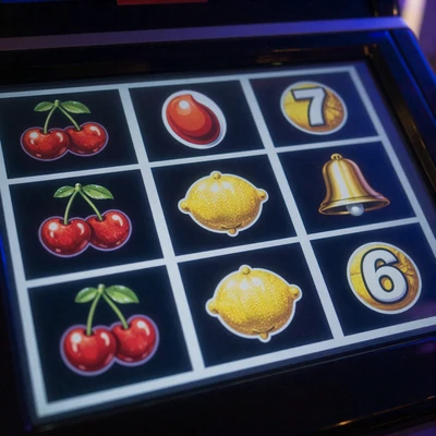 Klassische Frucht-Slot-Symbole auf dunklem Bildschirm mit blauer Beleuchtung im Casea Casino