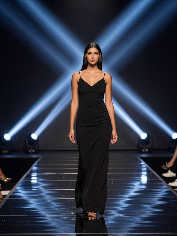 Model in schwarzem Abendkleid auf dunklem Podium mit blauen Scheinwerfern beim Casea Live Casino