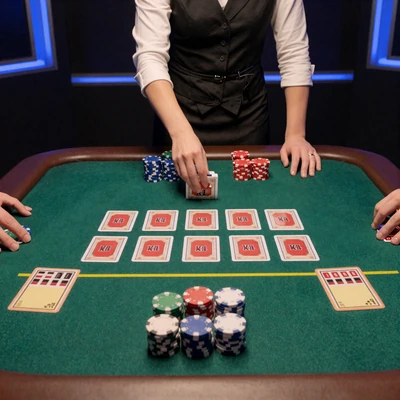 Live Blackjack-Tisch mit gr&uuml;nem Filz und ausgeteilten Karten im Casea Live Casino
