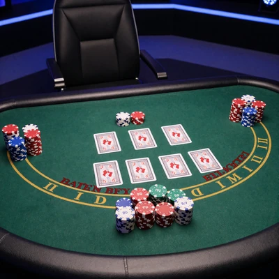 Live Baccarat-Tisch mit Karten und Chips in Draufsicht im Casea Live Casino