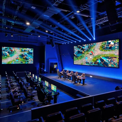 Esports-Arena mit blauer B&uuml;hnenbeleuchtung und Gaming-Setup f&uuml;r Esports Wetten