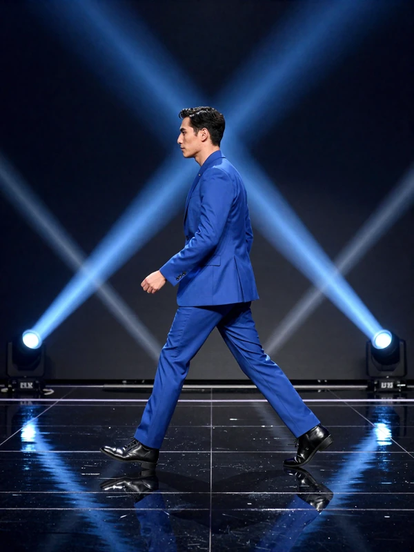 Model in elektrisch-blauem Blazer in dynamischer Laufpose auf dunklem Podium mit blauen Scheinwerfern bei Casea Casino Slots