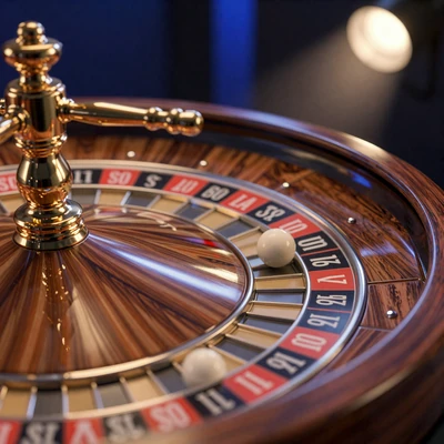 Drehendes Live-Rouletterad mit Goldakzenten und blauer Beleuchtung im Casea Live Casino