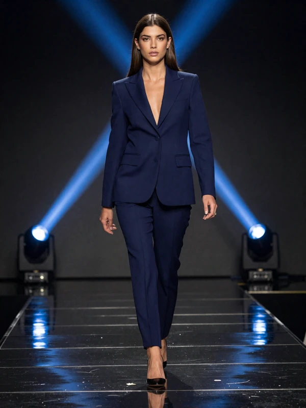 Model in navy-blauem Blazer auf dunklem Podium mit blauen Scheinwerfern bei Casea Casino
